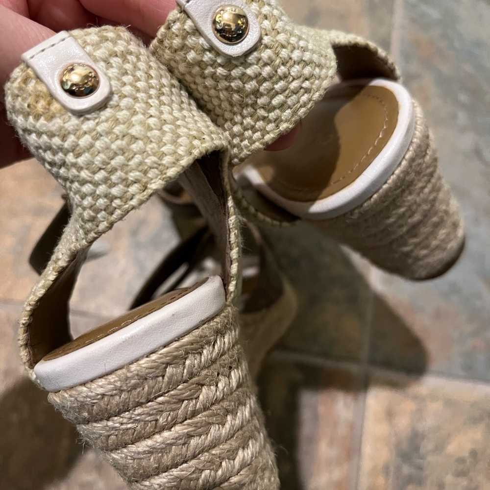 Coach Brown Canvas and Cream Leather Wedge Sandals - Picture 4 of 5